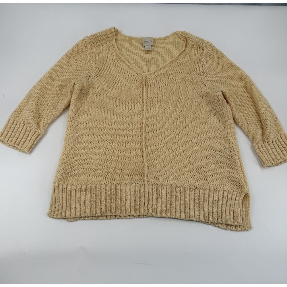 Chico's Yellow V-Neck Open Knit Stretch 3/4 Sleeve Pullover Sweater Womans Sz MD